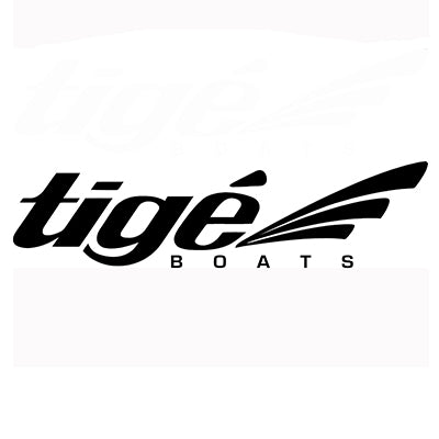 Tige Boats logo with stylized text and feather-like design on a white background